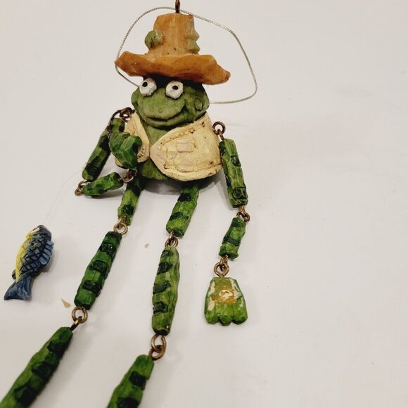 Green Frog Fisherman fishing Pole Shelf Sitter Ornament 7” Tall Posable Legs - Picture 4 of 6